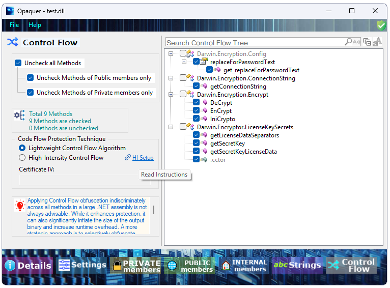 Control Flow configuration panel showing method selection tree and algorithm options